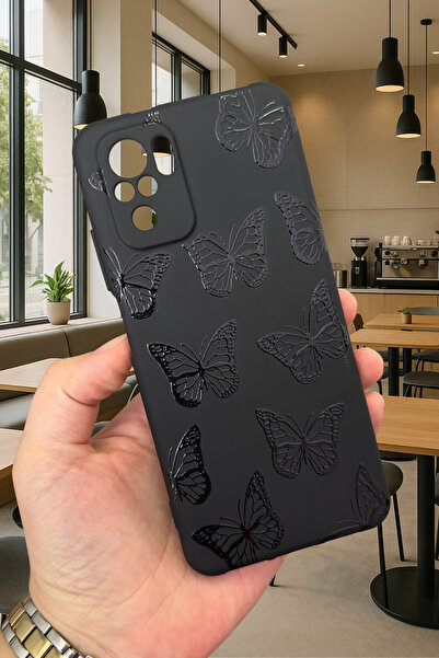Vip Case Redmi Note 10/10S Uyumlu SİYAH KELEBEK DESENLİ Silikon Darbe Emici Klasik Korumalı Rubber Kılıf