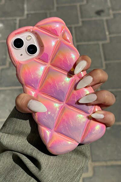 Vip Case iPhone 15  Uyumlu Kabartma Desenli 3D Darbe Emici Ultra Sağlam PUFY Kılıf PEMBE