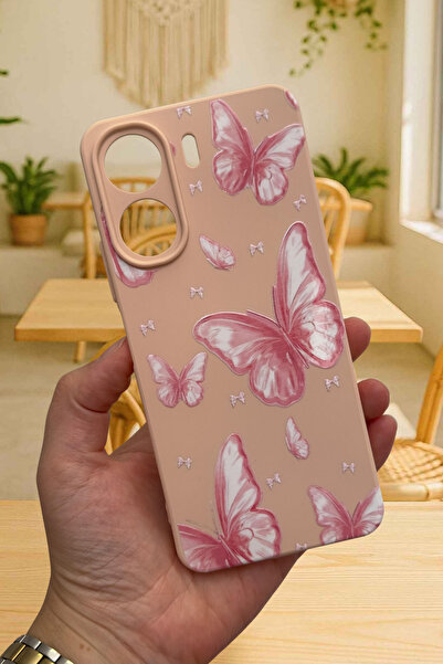Vip Case Redmi̇ 13C-Pink Butterfly Pattern Launch Camera Protected Soft Silicone Rubber Case277