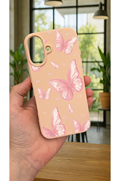 Vip Case iPhone 16 Plus Uyumlu PEMBE KELEBEK DESENLİ Silikon Darbe Emici Klasik Korumalı Rubber Kılıf