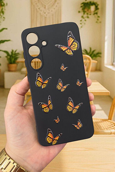 Vip Case Samsung Galaxy M34 - TURUNCU KELEBEK DESENLİ Silikon Darbe Emici Kla...