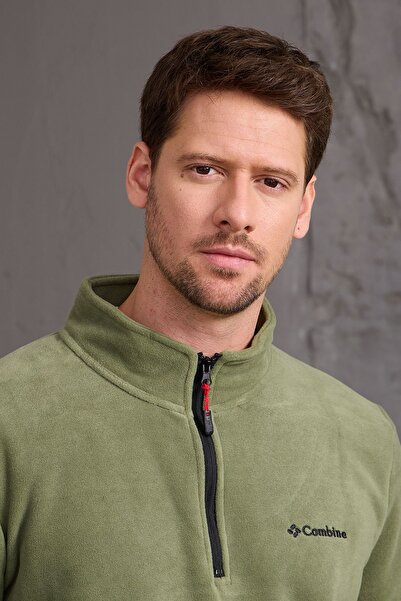 COMBİNE MİCHAİL Thick Fabric Men's Fleece Jacket - Half Zipper, Cotton Haki