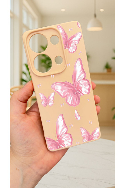 Vip Case Redmi Note 13 Pro 4G PEMBE KELEBEK DESENLİ Silikon Darbe Emici Klasik Korumalı Rubber Kılıf