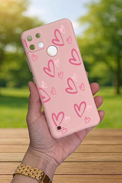 Vip Case Realme C21Y Ve C25Y - PEMBE KALP DESENLİ Silikon Darbe Emici Klasik Korumalı Rubber Kılıf