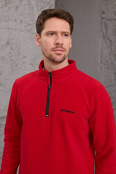 COMBİNE MİCHAİL Erkek Kışlık Kalın Yarım Fermuar Pamuklu Kumaş Polar Ceket KIRMIZI