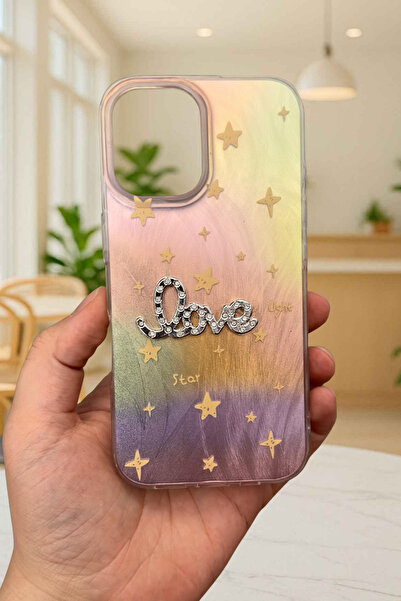 Vip Case iPhone 16 Plus Uyumlu Hologramlı Renk Değiştiren Yıldız Desenli Taşlı Yazılı StarLove Kılıf