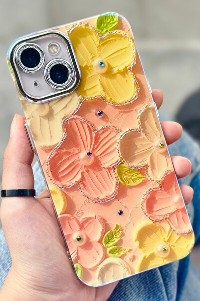 Vip Case حافظة هاتف آيفون 13 بنمط زهرة ذاتية الحماية للعدسة مطلية بالكهرباء ولامعة وعصرية