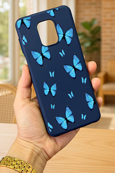Vip Case Redmi Note 9 Pro/9S Uyumlu MAVİ KELEBEK DESENLİ Silikon Darbe Emici Klasik Korumalı Rubber Kılıf