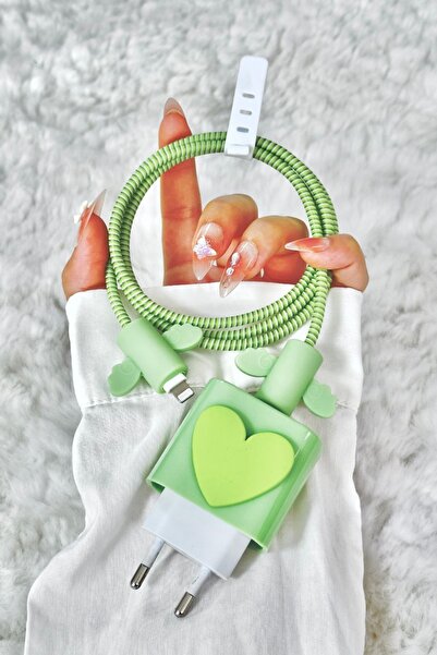 Vip Case İphone 18w/20w Uyumlu Şarj Başlık Kablo Koruyucu Örme Set Pembe Kalp Figür 11 12 13 14 15 16 Pro Max