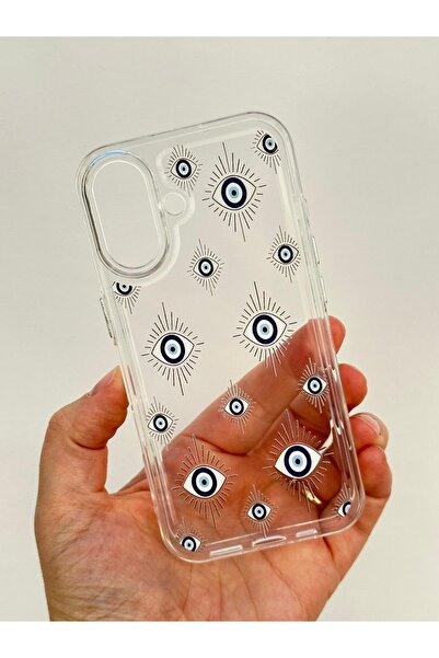 Vip Case iPhone 16 PLUS-Parlak Metal Tuşlu Mavi Göz Desenli Basmalı Darbe Emici Sağlam EVİL EYE Kılıf 277