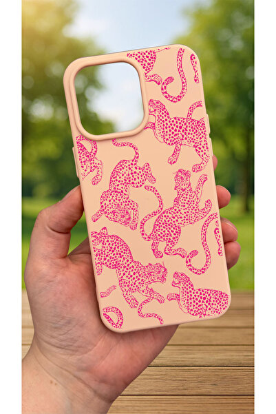 Vip Case iPhone 15 Pro Max Uyumlu PEMBE LEOPAR DESENLİ Silikon Darbe Emici Kl...
