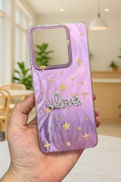 Vip Case Redmi Note 13 Pro 5G Uyumlu Hologramlı Renk Değiştiren Yıldız Desenli Taşlı Yazılı StarLove Kılıf