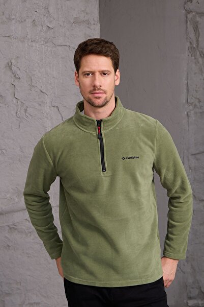 COMBİNE MİCHAİL Thick Fabric Men's Fleece Jacket - Half Zipper, Cotton Haki