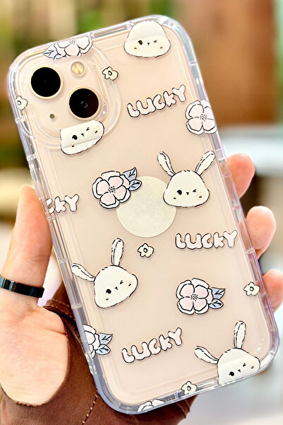 Vip Case iPhone 14 Uyumlu Sevimli Tavşan Çiçek Karikatür Desenli Silikon Darb...