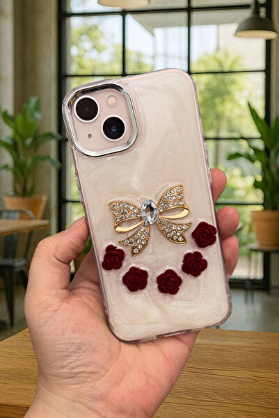 Vip Case iPhone 15/14 ve 13 Uyumlu Epoksili 3D Figürlü Kalpli Kurdelalı Parlak Şık Moda Kılıf