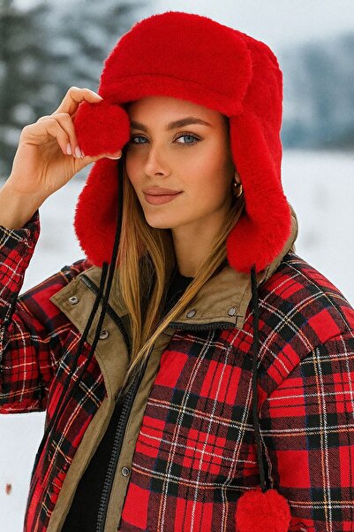 Axesoire 12749 Kürklü Kulaklıklı Kırmızı Pilot Şapka Bere