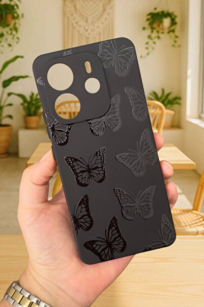 Vip Case Xiaomi Redmi Note 14 Compatible Black Butterfly Patterned Silicone Shock-Absorbing Classic Protected Rubber Case