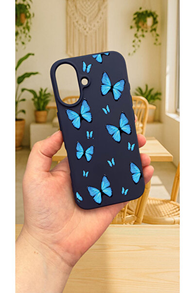 Vip Case iPhone 16 Plus Uyumlu MAVİ KELEBEK DESENLİ Silikon Darbe Emici Klasik Korumalı Rubber Kılıf