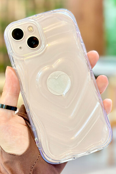 Vip Case iPhone 14 Kalp Desenli Kabartmalı Zarif 3D Şeffaf Kamera Korumalı Si...