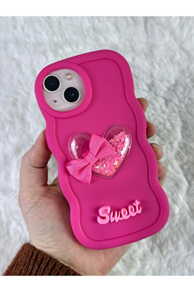 Vip Case iPhone 15/14 ve 13 ile Uyumlu Renkli Kalp Kurdele Detaylı Simli Dalg...