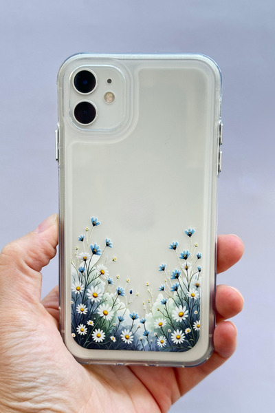 Vip Case iPhone 11 - Parlak Metal Tuşlu Mavi Papatya Desenli Kolay Basmalı Da...