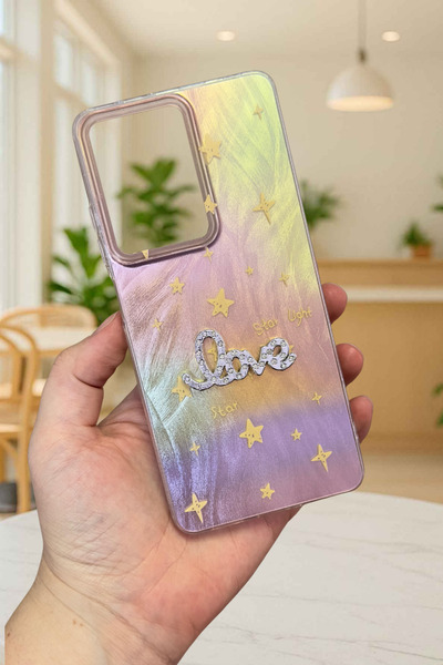 Vip Case Redmi Note 12 Pro 5G Uyumlu Hologramlı Renk Değiştiren Yıldız Desenli Taşlı Yazılı StarLove Kılıf