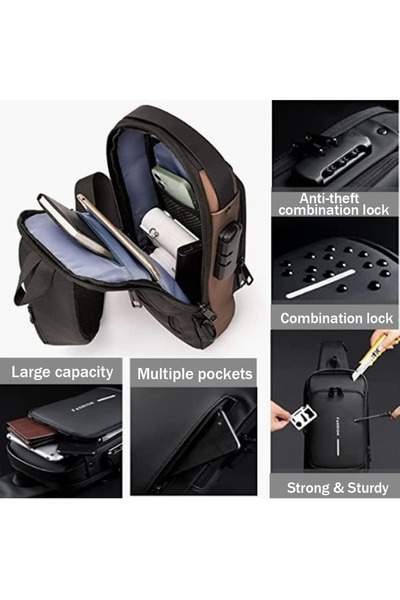 Zen Store brownWith Grey Anti Theft SlingBagwaterproofChest Daypack WithUsbChargingShoulderBackpack Chest Bag
