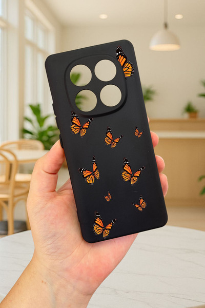 Vip Case Redmi Note 14 Pro 4G-TURUNCU KELEBEK DESENLİ Silikon Darbe Emici Klasik Korumalı Rubber Kılıf