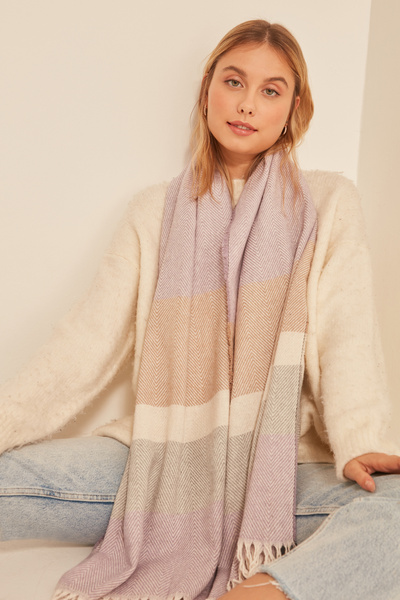 Axesoire 13809 Yumuşak Dokulu Balık Sırtı Desenli Lila-Bej Kalın Omuz Şal Atkı