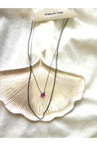 DEFORA 2-piece steel chain pink stone star necklace