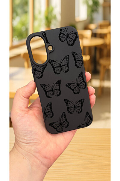 Vip Case iPhone 16 Plus Uyumlu SİYAH KELEBEK DESENLİ Silikon Darbe Emici Klasik Korumalı Rubber Kılıf
