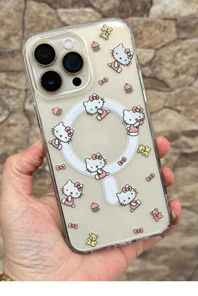 Vip Case İphone 16 Pro Şeffaf Hello Kity Desenli Magsafe Wireless Kablosuz Şarj Destekli Kitty Kılıf 277