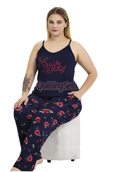 quilling Navy Blue Color and Flower Pattern 11019 Strap Sleeve Women's Plus Size Mom Pajamas Set