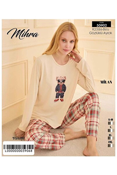Mihra Ekru Renkli Milan Kumaş Sıfır Yaka Uzun Kollu Kadın Pijama Takımı