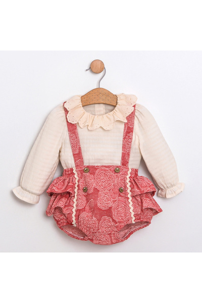 ministok Rosana Baby Girl Floral Patterned Ruffle Salopet Set - with Long Sleeve Shirt