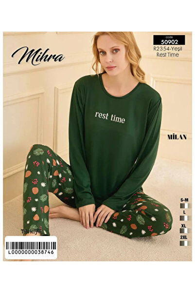 Mihra Yeşil Renkli Milan Kumaş Sıfır Yaka Uzun Kollu Kadın Pijama Takımı