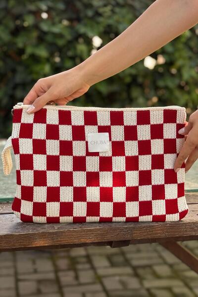 CHUBA Women's Checkerboard Patterned Knitwear Laptop & MacBook & Tablet Case 13"-14" Inch Compatible Red-Vanilla C
