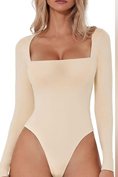 thesunfyre Dámské body z polyamidové tkaniny se čtvercovým výstřihem, dlouhým rukávem a zapínáním na patentky