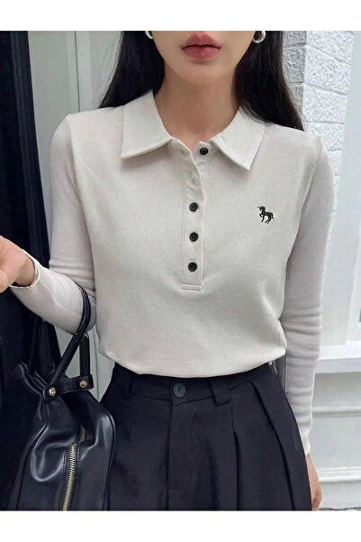 Violon Κρεμ κεντημένο μπλουζάκι με μακρυμάνικο γιακά πόλο