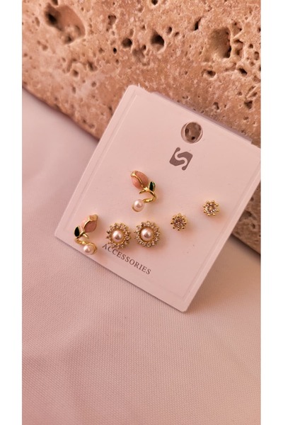 TETRA Gül & Ayçiçeği Taşlı Minimal Küpe Seti (6’lı)