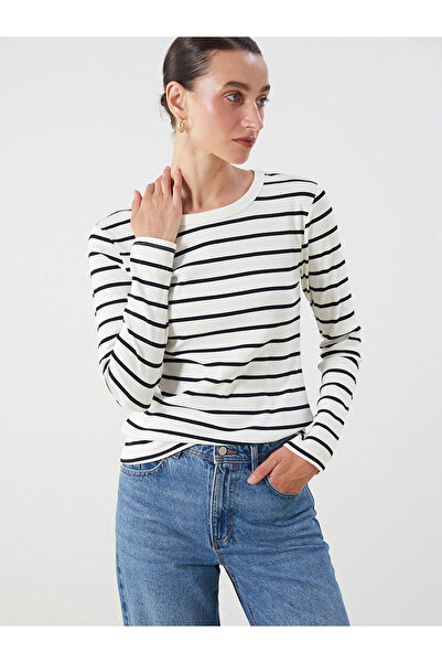 LC Waikiki Ecru Crew Neck Striped Women's Bodysuit