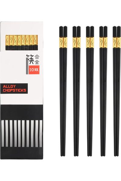 erorex 10 Pairs Reusable Chopsticks Gold Three Leaves Fiberglass Chopsticks Japanese Chinese Chop Sticks