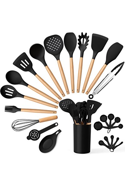 erorex Black Kitchen Utensils Set Holder, 25 Piece Silicone Cooking Utensil Set Wooden Handle Nonstick