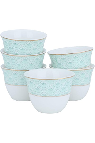 erorex طقم فناجين قهوة عربية بورسلين أبيض، أخضر فاتح، نقش ذهبي، ١٢ قطعة، السيف جاليري