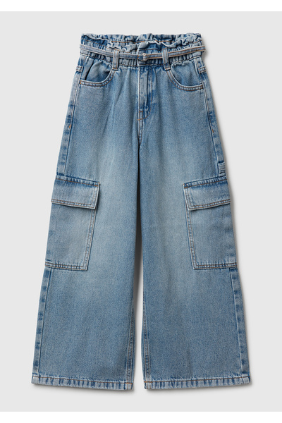 United Colors of Benetton Girl's Dark Blue Tie Waist Cargo Style Wide Fit Denim Pants