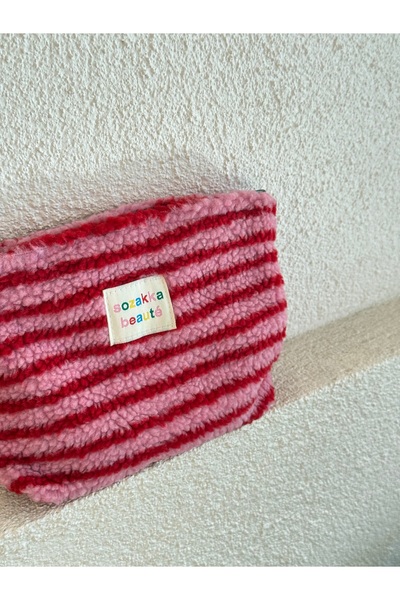 klovi Red Pink Striped Cosmetic Organizer Bag