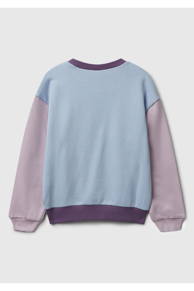 United Colors of Benetton Girl's Purple-Blue Glitter Logo Printed Ribbed Crew Neck Sweatshirt