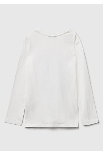 United Colors of Benetton Girl's Ecru Long Sleeve T-Shirt with Glitter Printed Ribbed Collar on the Front