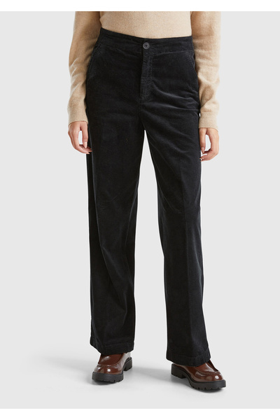 United Colors of Benetton Women's Black Cotton Blended Wide Leg Velvet Trousers with Elastic Back Pockets