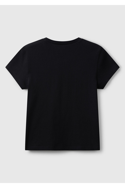 United Colors of Benetton Girl's Black Glitter Logo Printed Ribbed Collar Regular Fit T-Shirt